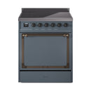 Blue-grey induction range with solid-door oven and bronze bar handles