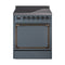 ILVE Nostalgie II Noblesse 30-Inch 4.0 Cu. Ft. Induction Range with 4 Elements and Solid Door in Blue Grey with Burnished Bronze Trim (UNI304QNMPBGB)