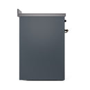 Solid oven door panel in blue-grey with bronze-trim side hardware