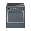 Blue grey induction range with solid-door oven, chrome-trim control panel and knobs