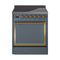 ILVE Nostalgie II Noblesse 30-Inch 4.0 Cu. Ft. Induction Range with 4 Elements and Solid Door in Blue Grey with Brass Trim (UNI304QNMPBGG)