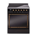 Glossy black induction range front with bronze knobs and solid oven door