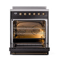 Glossy black induction range with open oven and bronze-trimmed control panel