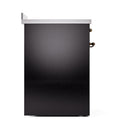 Glossy black oven door side view with bronze hinges and control knobs