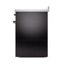 Glossy black oven door side view with bronze hinge hardware and trim