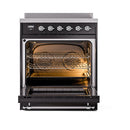 Open glossy black oven door showing interior racks and broil heating elements