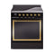 ILVE Nostalgie II Noblesse 30-Inch 4.0 Cu. Ft. Induction Range with 4 Elements and Solid Door in Glossy Black with Brass Trim (UNI304QNMPBKG)