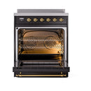 Black induction range with open oven showing racks and heating elements