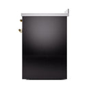 Glossy black oven side panel with brass hinge hardware