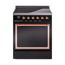 Induction range with closed solid-door oven and copper oven frame in glossy black