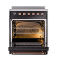 Induction range with open solid-door oven, glossy black and copper-trim interior light