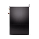 Glossy black induction range side panel with copper knobs near the top