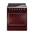 Burgundy induction range with bronze control knobs and solid oven door