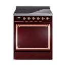 Burgundy induction range with closed oven door and copper-trim control panel