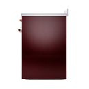 Burgundy oven door panel with copper hinges along the right side