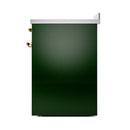 Emerald green oven door panel with brass hinges and stainless top trim