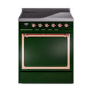 Emerald green induction range with solid oven door and copper-trimmed control panel