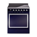 Midnight blue induction range with solid door oven and chrome trim, front view