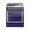 ILVE Nostalgie II Noblesse 30-Inch 4.0 Cu. Ft. Induction Range with 4 Elements and Solid Door in Midnight Blue with Brass Trim (UNI304QNMPMBG)