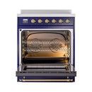 Midnight blue range with open solid door oven and interior racks