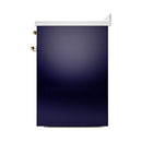 Midnight blue range side view with brass hinges on solid door oven