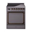 Matte graphite induction range with solid door oven and bronze-trim control knobs