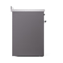 Matte graphite side view of solid oven door with chrome hinges and handle