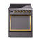 ILVE Nostalgie II Noblesse 30-Inch 4.0 Cu. Ft. Induction Range with 4 Elements and Solid Door in Matte Graphite with Brass Trim (UNI304QNMPMGG)