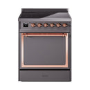 Matte graphite induction range with copper-trim solid oven door and control panel
