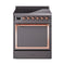 ILVE Nostalgie II Noblesse 30-Inch 4.0 Cu. Ft. Induction Range with 4 Elements and Solid Door in Matte Graphite with Copper Trim (UNI304QNMPMGP)