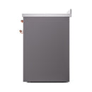 Matte graphite side panel of induction range with copper control knob accents