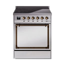 Stainless steel induction range with bronze-trim knobs and open oven door