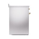 Stainless steel solid door oven, side view with brass handle accents