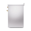 Stainless steel solid door oven, rear side view with brass hardware