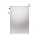 Stainless steel oven side panel with copper-colored knobs and trim