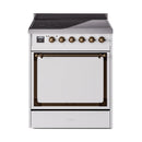 White induction range with bronze-trimmed oven door and control knobs