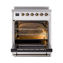 Open oven of a white induction range with racks and interior heating elements