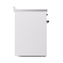 White oven door with bronze hinge hardware, shown from the side