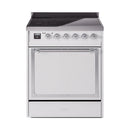 30-inch induction range with solid door oven, white finish and chrome trim