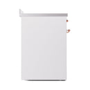White side panel of induction range with copper trim accents