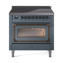 ILVE blue-grey 36-inch induction range with bronze handle, oven door open