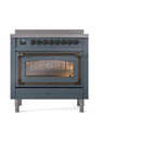 ILVE blue-grey induction range with triple glass oven door, front view