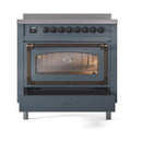 ILVE induction range in blue-grey with bronze trim, oven door open and glowing interior