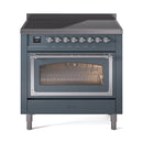Blue grey induction range with chrome trim and triple-glass oven door, front view