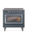 Blue grey induction range with triple-glass oven door and lit interior, front view