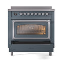 Blue grey induction range with open oven window and chrome control knobs, front