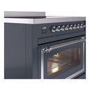 Blue grey induction range with chrome knobs and oven door, side view