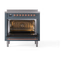 Blue grey induction range with open oven door, copper trim and lit interior