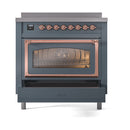 Blue grey induction range with open lower drawer and copper-trim oven window
