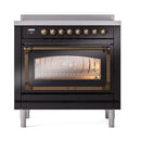Glossy black induction range with lit oven interior visible through glass door; bronze knobs.